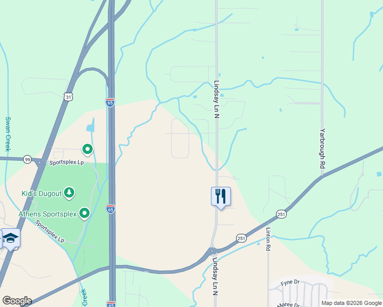 map of restaurants, bars, coffee shops, grocery stores, and more near 18369 Red Tail Street in Athens