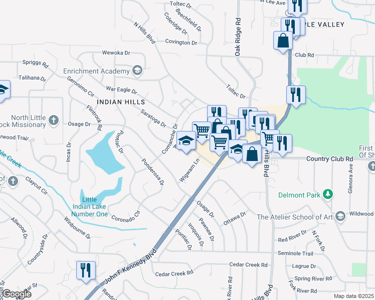 map of restaurants, bars, coffee shops, grocery stores, and more near 6800 Indian Hills Drive in North Little Rock