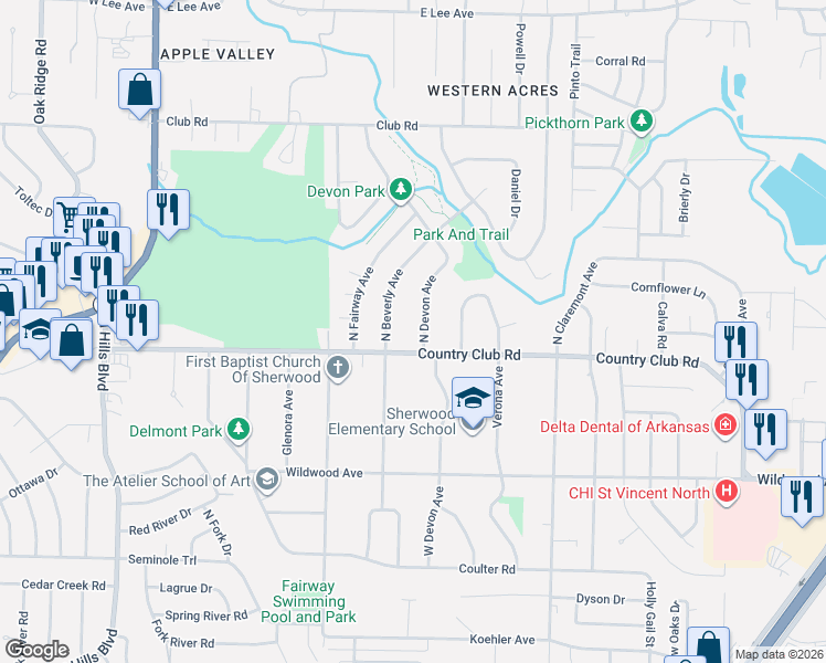 map of restaurants, bars, coffee shops, grocery stores, and more near 105 North Devon Avenue in Sherwood