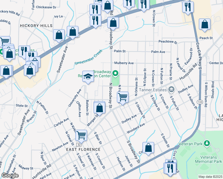 map of restaurants, bars, coffee shops, grocery stores, and more near 226 North Broadway Street in Florence