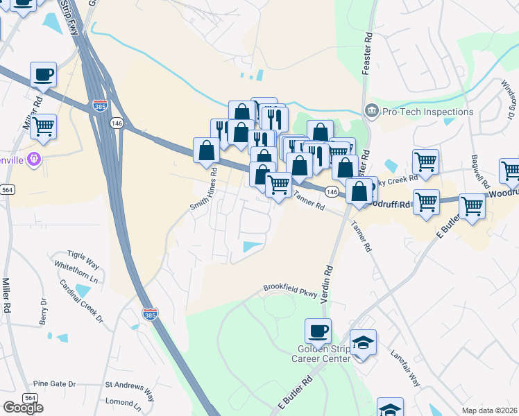 map of restaurants, bars, coffee shops, grocery stores, and more near 205 Louisville Drive in Greenville