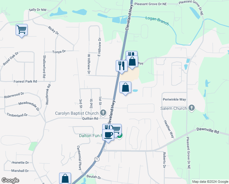 map of restaurants, bars, coffee shops, grocery stores, and more near 2409 Cleveland Highway in Dalton