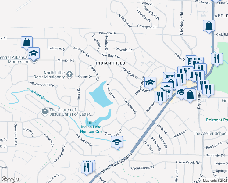 map of restaurants, bars, coffee shops, grocery stores, and more near 7017 Ponderosa Drive in North Little Rock
