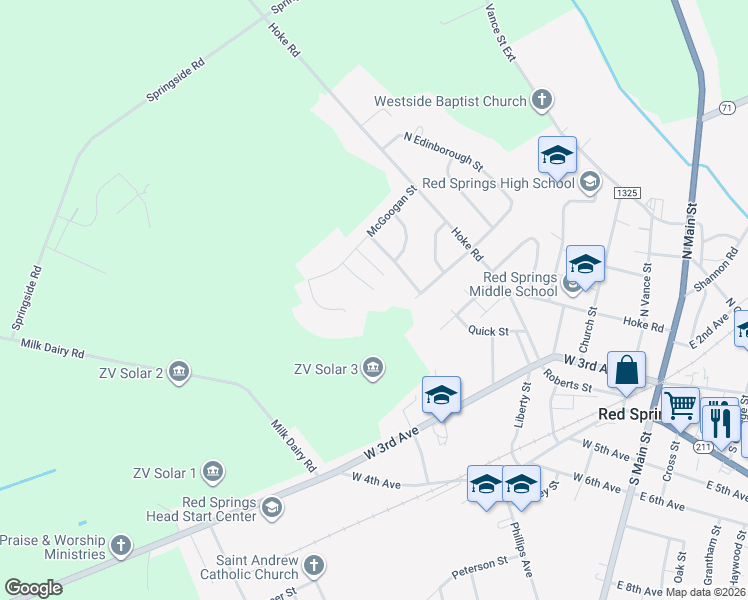 map of restaurants, bars, coffee shops, grocery stores, and more near 106 King Richard Court in Red Springs