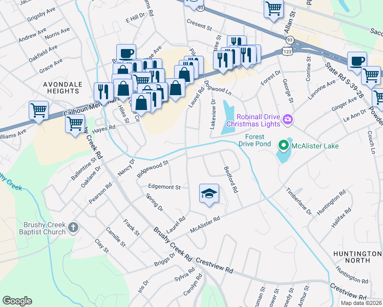 map of restaurants, bars, coffee shops, grocery stores, and more near 502 Laurel Road in Easley