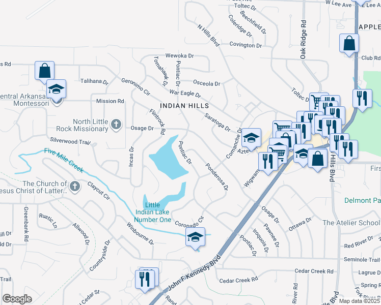 map of restaurants, bars, coffee shops, grocery stores, and more near 7017 Ponderosa Drive in North Little Rock