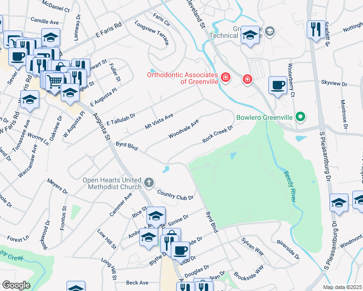 map of restaurants, bars, coffee shops, grocery stores, and more near 23 Rock Creek Dr in Greenville