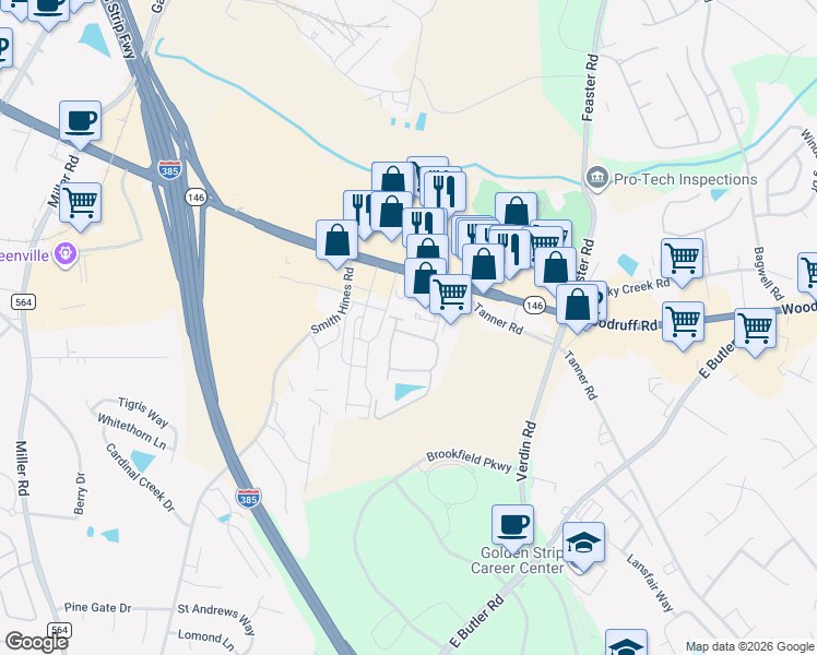 map of restaurants, bars, coffee shops, grocery stores, and more near 205 Louisville Drive in Greenville