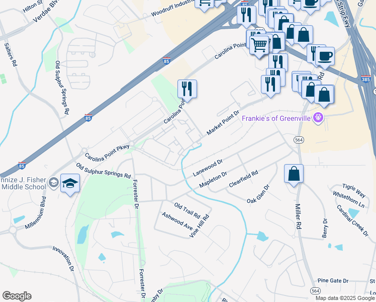 map of restaurants, bars, coffee shops, grocery stores, and more near 97 Market Point Drive in Greenville