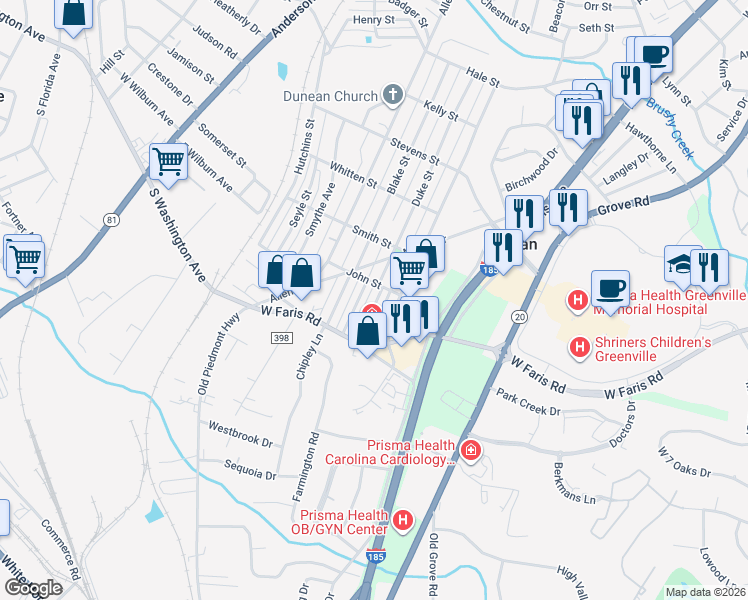 map of restaurants, bars, coffee shops, grocery stores, and more near 8 Webb Street in Greenville