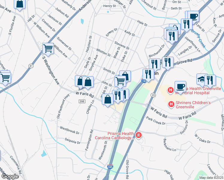 map of restaurants, bars, coffee shops, grocery stores, and more near 6 Welch Street in Greenville