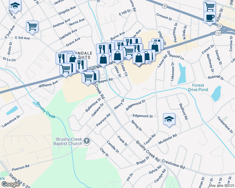 map of restaurants, bars, coffee shops, grocery stores, and more near 107 Brookway Drive in Easley