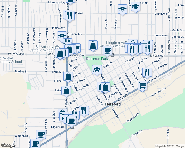 map of restaurants, bars, coffee shops, grocery stores, and more near 100 East 6th Street in Hereford