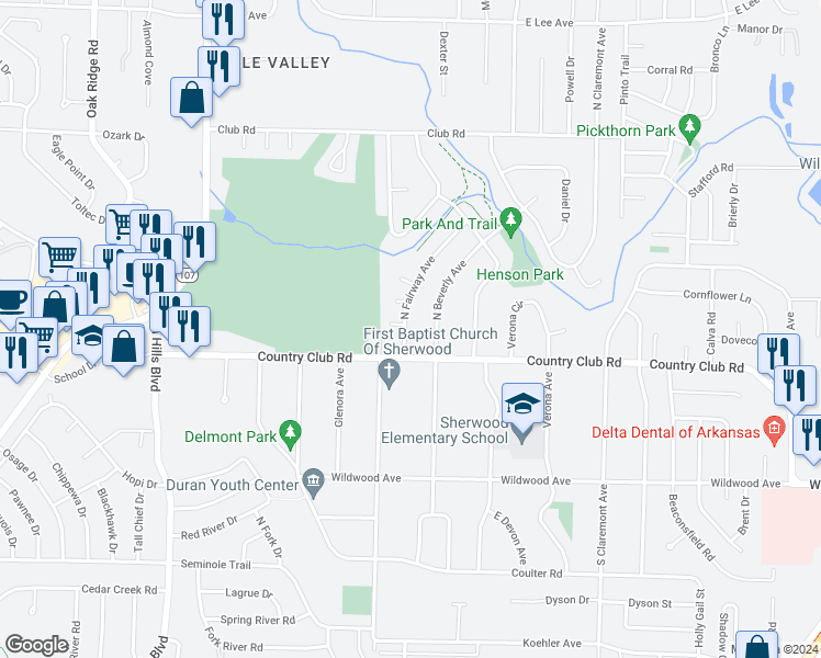 map of restaurants, bars, coffee shops, grocery stores, and more near 106 North Fairway Avenue in Sherwood