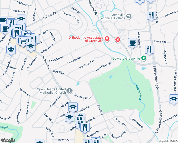 map of restaurants, bars, coffee shops, grocery stores, and more near 23 Rock Creek Drive in Greenville