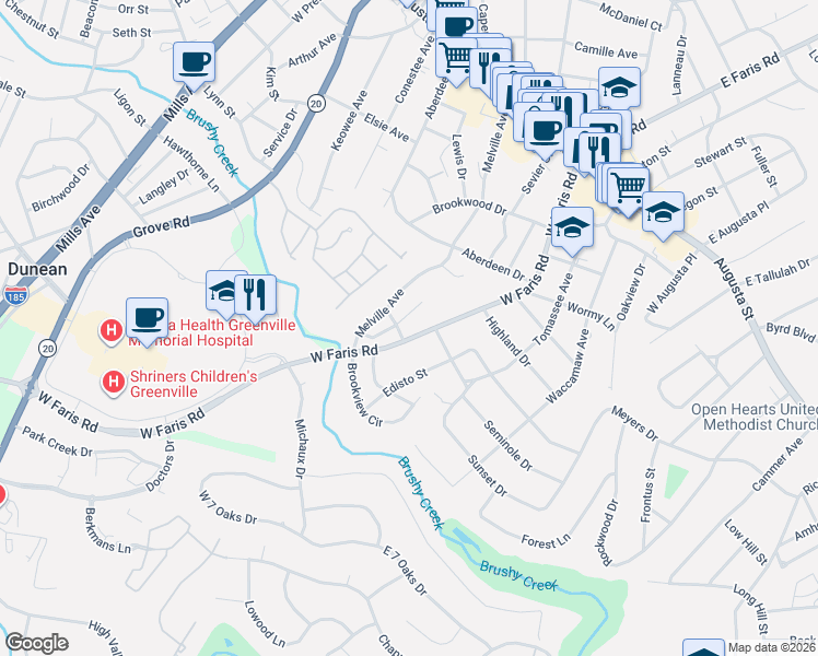 map of restaurants, bars, coffee shops, grocery stores, and more near 404 West Faris Road in Greenville