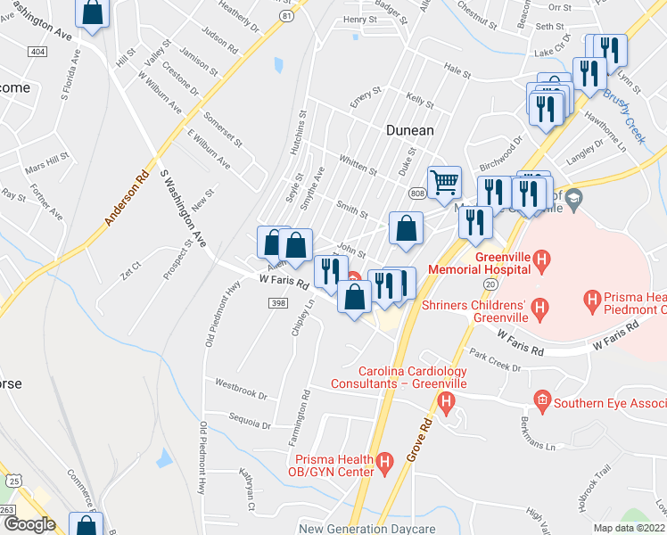 map of restaurants, bars, coffee shops, grocery stores, and more near 14 Taylor Street in Greenville