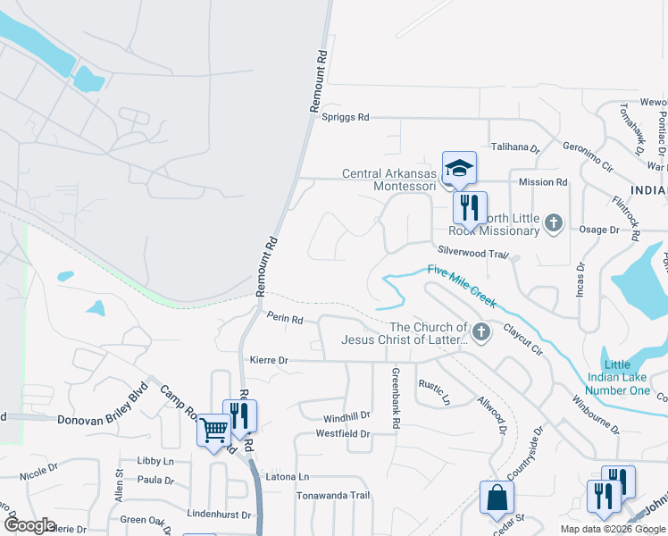 map of restaurants, bars, coffee shops, grocery stores, and more near 501 Silverwood Trail in North Little Rock