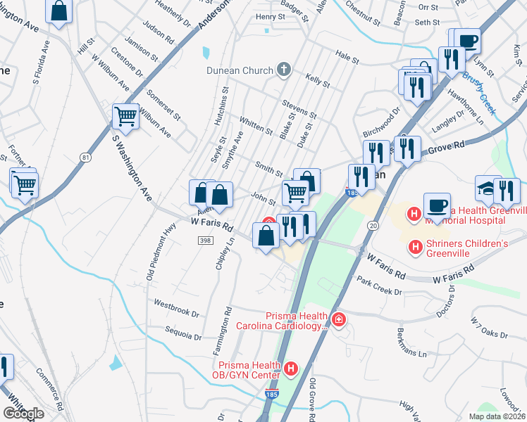 map of restaurants, bars, coffee shops, grocery stores, and more near 8 Webb Street in Greenville