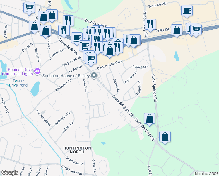 map of restaurants, bars, coffee shops, grocery stores, and more near 638 Powdersville Road in Easley