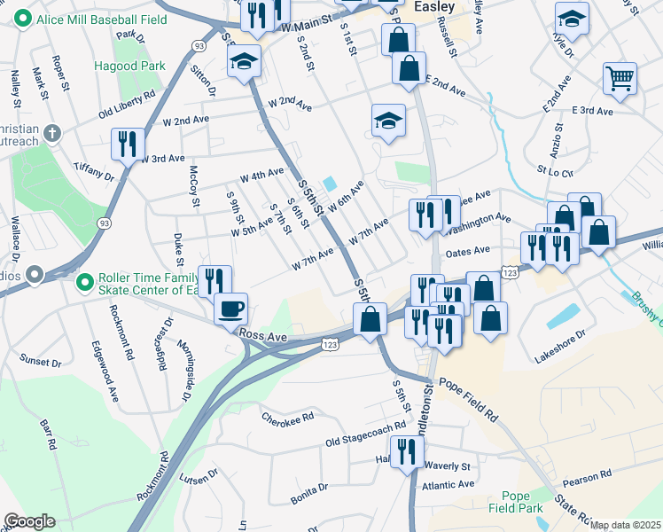 map of restaurants, bars, coffee shops, grocery stores, and more near 601 West 7th Avenue in Easley