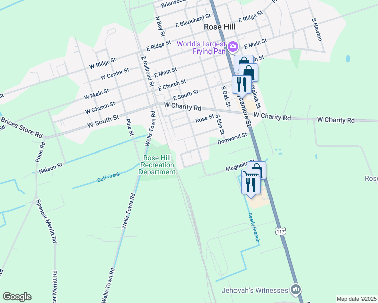 map of restaurants, bars, coffee shops, grocery stores, and more near 111 Dogwood Street in Rose Hill