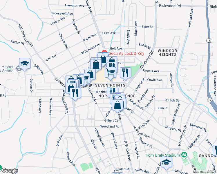 map of restaurants, bars, coffee shops, grocery stores, and more near 1313 North Wood Avenue in Florence