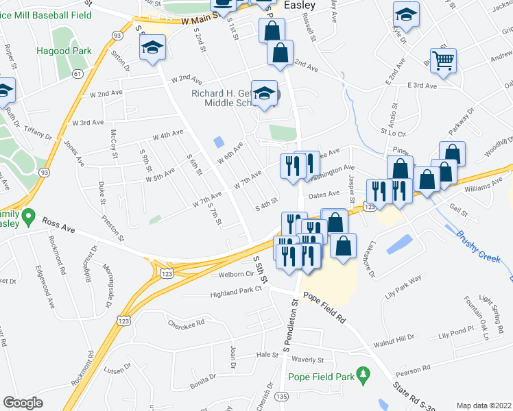 map of restaurants, bars, coffee shops, grocery stores, and more near 213 South 4th Street in Easley