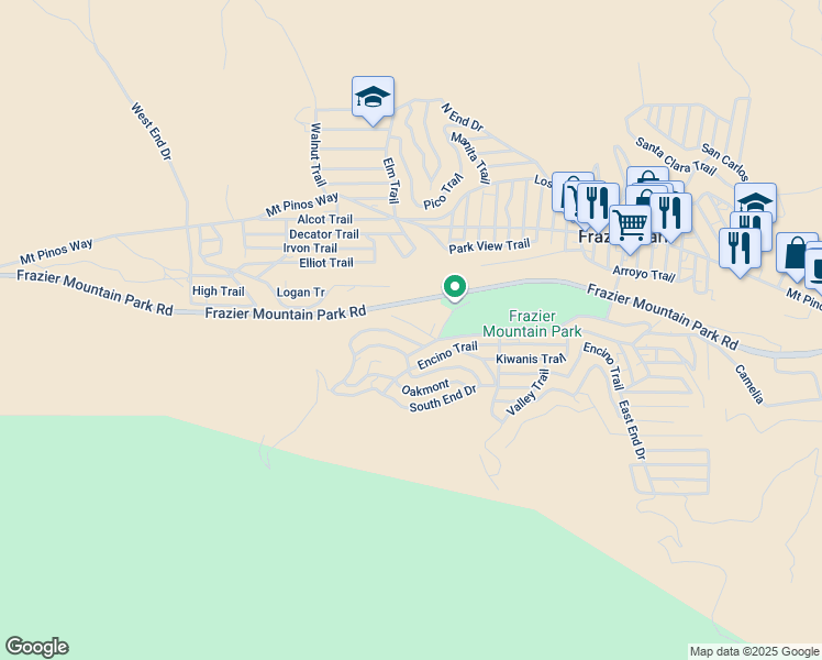 map of restaurants, bars, coffee shops, grocery stores, and more near 4032 Park Drive in Frazier Park