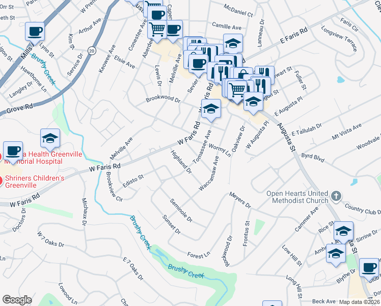 map of restaurants, bars, coffee shops, grocery stores, and more near 14 Argonne Drive in Greenville