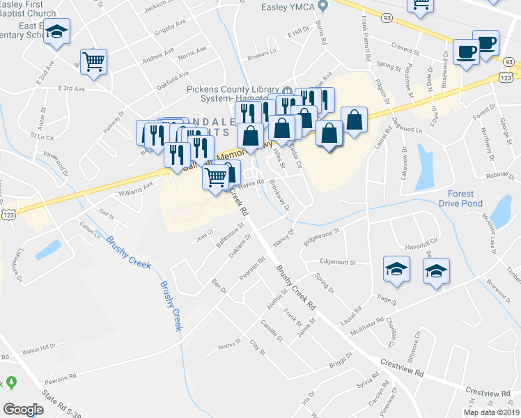 map of restaurants, bars, coffee shops, grocery stores, and more near 115 Brushy Creek Rd in Easley