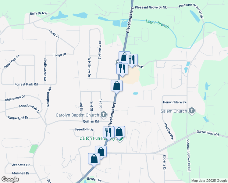 map of restaurants, bars, coffee shops, grocery stores, and more near 2409 Cleveland Highway in Dalton