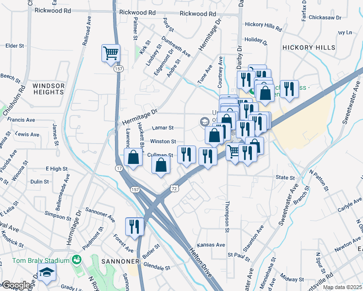 map of restaurants, bars, coffee shops, grocery stores, and more near 1642 Winston Street in Florence