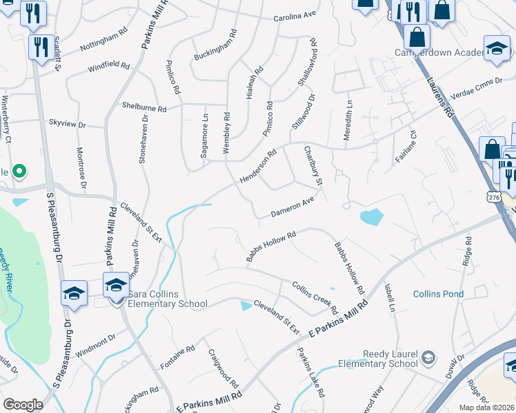 map of restaurants, bars, coffee shops, grocery stores, and more near 1123 Wembley Road in Greenville