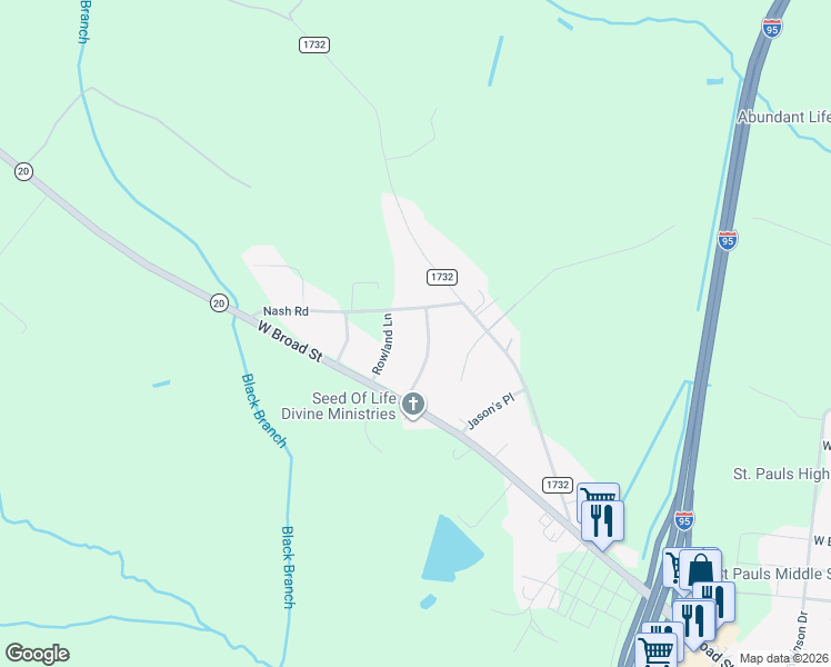 map of restaurants, bars, coffee shops, grocery stores, and more near 165 Willoughby Drive in Saint Pauls