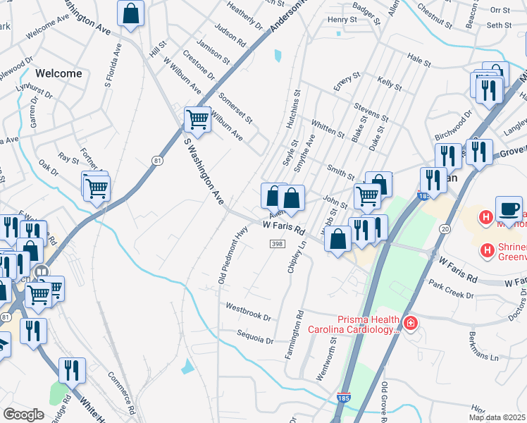 map of restaurants, bars, coffee shops, grocery stores, and more near 97 Allen Street in Greenville