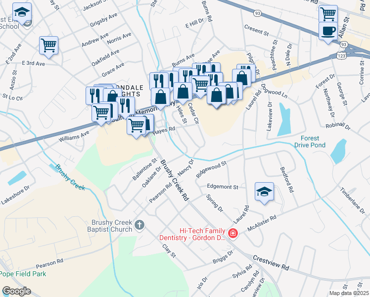 map of restaurants, bars, coffee shops, grocery stores, and more near 107 Brookway Drive in Easley