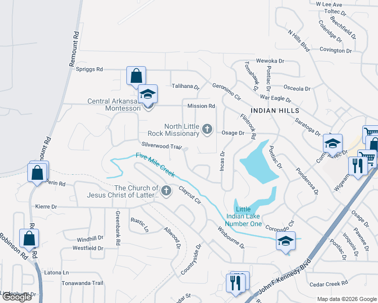 map of restaurants, bars, coffee shops, grocery stores, and more near 1101 Silverwood Cove in North Little Rock