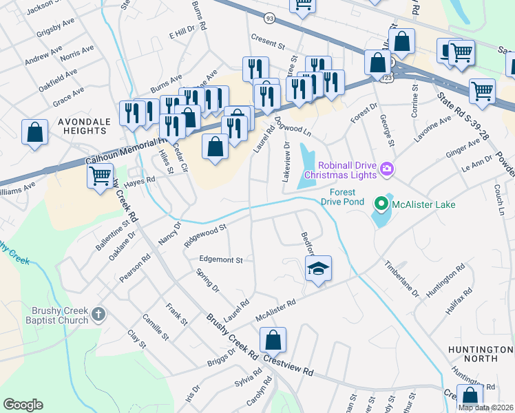 map of restaurants, bars, coffee shops, grocery stores, and more near 502 Laurel Road in Easley