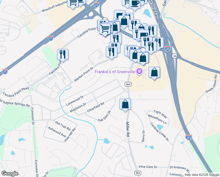 map of restaurants, bars, coffee shops, grocery stores, and more near 511 Mapleton Drive in Greenville
