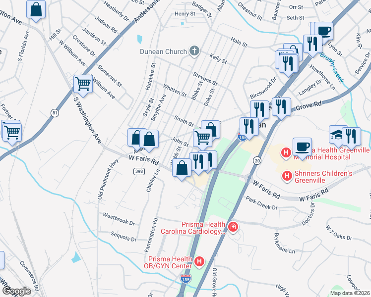 map of restaurants, bars, coffee shops, grocery stores, and more near 8 Webb Street in Greenville