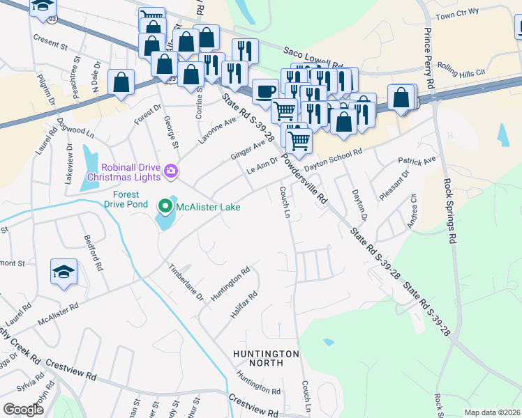 map of restaurants, bars, coffee shops, grocery stores, and more near 1104 McAlister Road in Easley