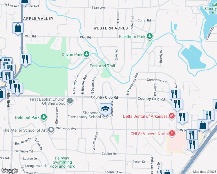 map of restaurants, bars, coffee shops, grocery stores, and more near 115 Verona Circle in Sherwood