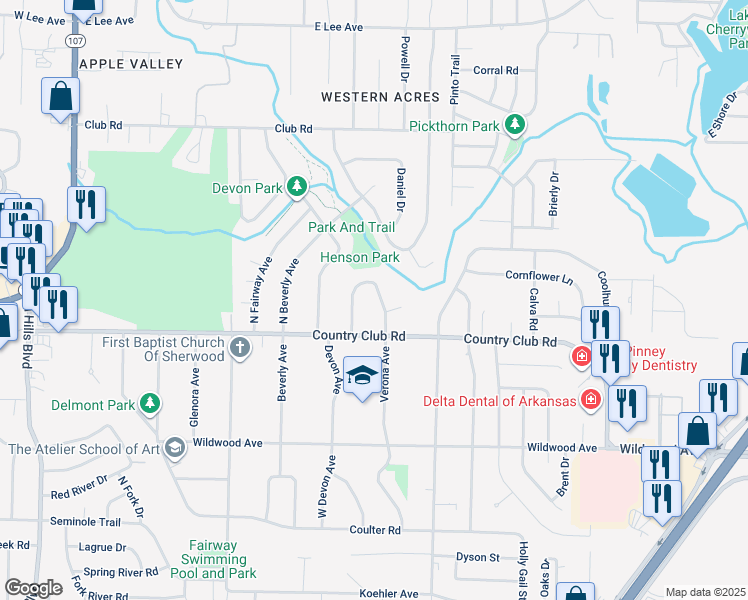 map of restaurants, bars, coffee shops, grocery stores, and more near 115 Verona Circle in Sherwood