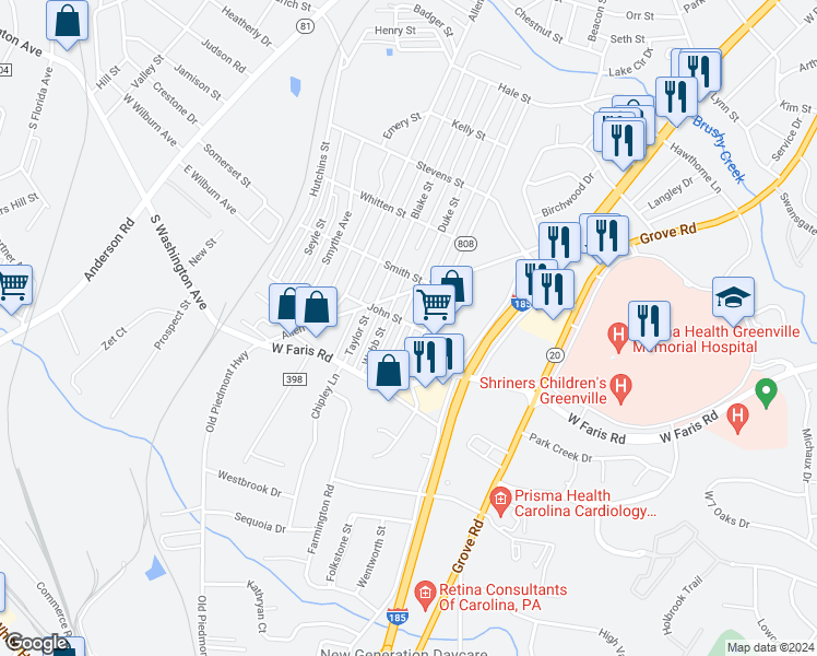 map of restaurants, bars, coffee shops, grocery stores, and more near 2 Welch Street in Greenville