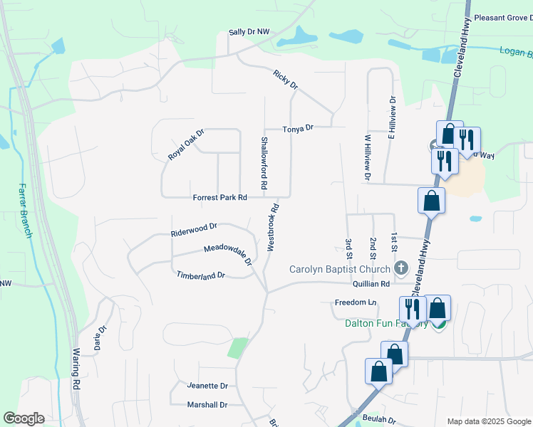 map of restaurants, bars, coffee shops, grocery stores, and more near 521 Westbrook Road in Dalton