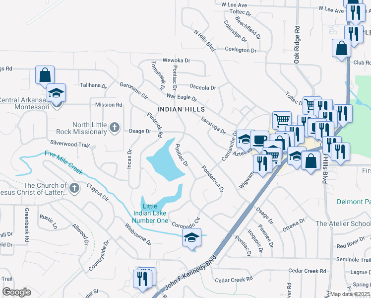map of restaurants, bars, coffee shops, grocery stores, and more near 7017 Ponderosa Drive in North Little Rock