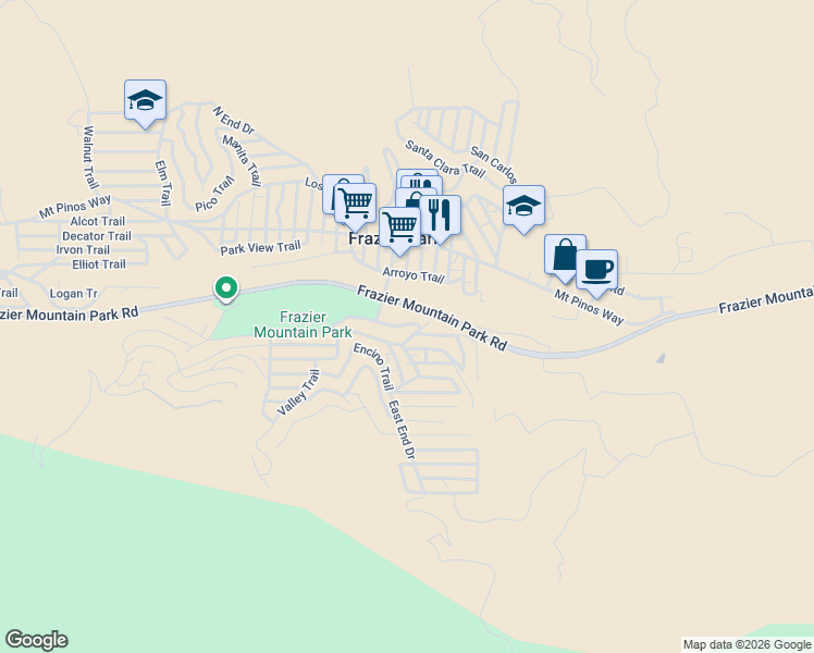 map of restaurants, bars, coffee shops, grocery stores, and more near 3512 Montana Trail in Frazier Park