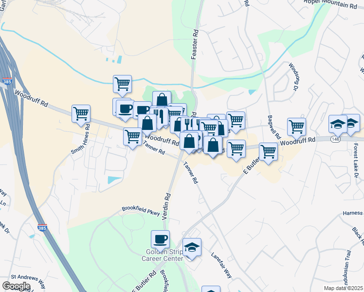 map of restaurants, bars, coffee shops, grocery stores, and more near 1606 Woodruff Road in Greenville