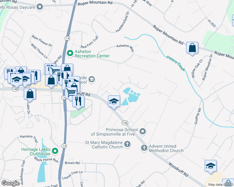 map of restaurants, bars, coffee shops, grocery stores, and more near 808 Asheton Commons Lane in Simpsonville